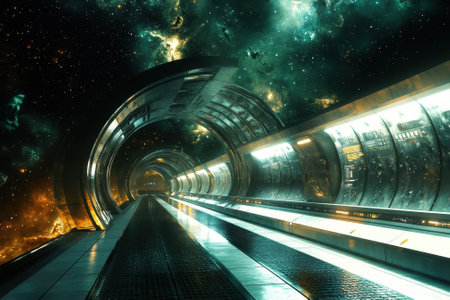 A sleek, illuminated tunnel stretches into a vast cosmic landscape filled with stars and galaxies.の写真素材