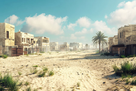 An empty street features crumbling buildings and overgrown grass under a bright blue sky.の写真素材