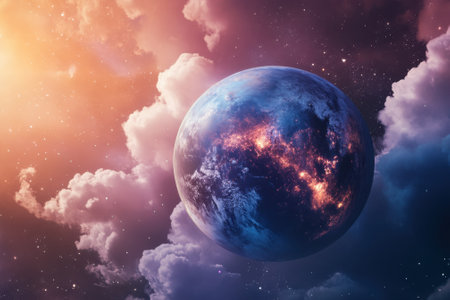 A vibrant planet hangs in the darkness of space, illuminated by cosmic light and surrounded by dreamy clouds.の写真素材