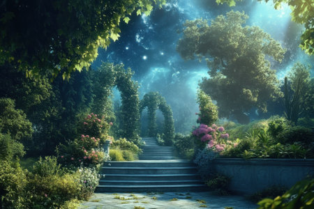 A magical garden is illuminated under moonlight, showing towering plants and colorful blossoms on stone steps.の写真素材