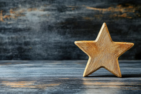 A wooden star sits on a rustic table, showing its natural texture and warm tones against a dark backdrop.の写真素材