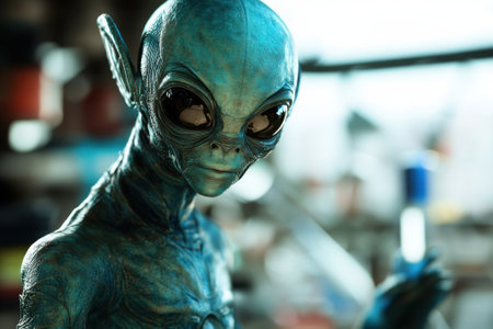 A blue-skinned alien examines strange tools in a lab, surrounded by an atmosphere of curiosity and discovery.の写真素材