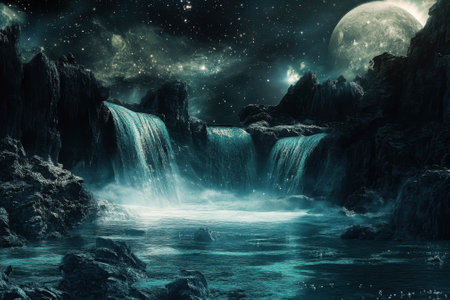 Waterfalls cascade into a luminous lake under a star-filled sky and a bright moon, creating a serene atmosphere.の写真素材