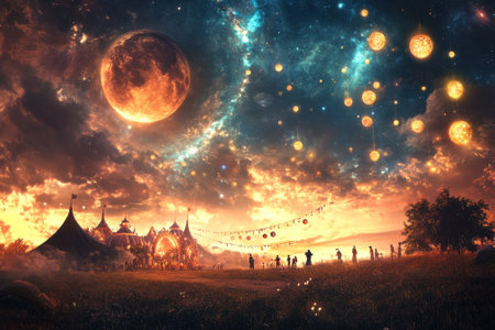 A lively festival takes place at dusk with people celebrating under a starry sky filled with glowing orbs.の写真素材