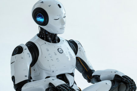 A humanoid robot sits quietly, showing advanced features and a sleek design in a simple setting.の写真素材