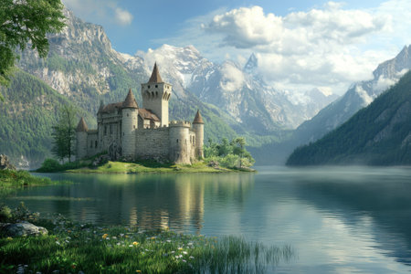 A stunning castle is perched on an island, encircled by a peaceful lake and towering mountains under a blue sky.の写真素材