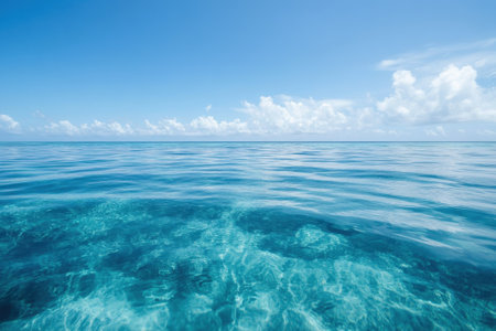 Calm turquoise waters stretch endlessly under a bright blue sky with soft, white clouds.の写真素材