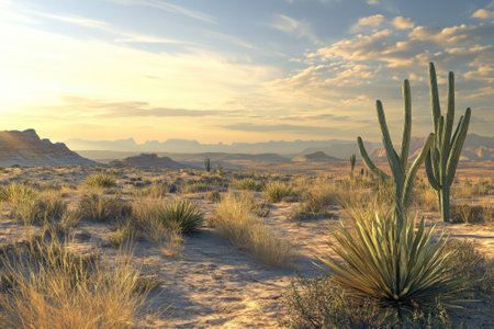 Vibrant desert scene captures tall cacti and lush vegetation under a colorful sunset sky.の写真素材