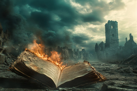 A large book is engulfed in flames, set against a backdrop of ruined buildings and an ominous sky.の写真素材