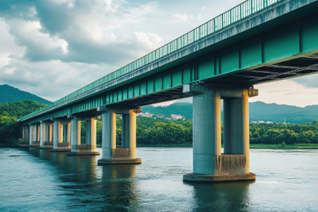 A striking bridge spans a serene river, framed by mountains and clouds for a tranquil ambiance.の写真素材