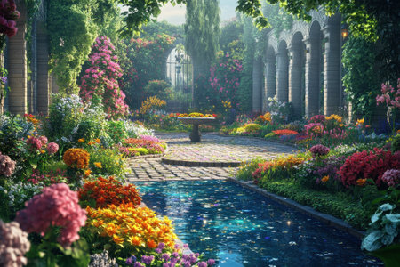 A lush garden filled with vibrant flowers, a serene water feature, and gentle sunlight illuminating the pathway.の写真素材