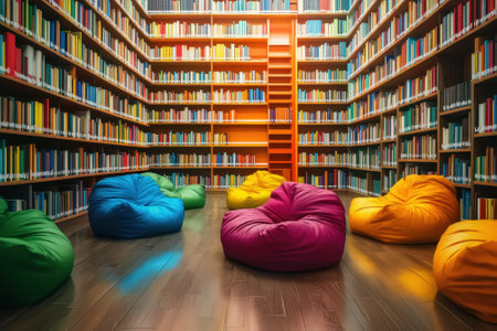 Brightly colored bean bags are arranged in a spacious library surrounded by tall, filled bookshelves.の写真素材