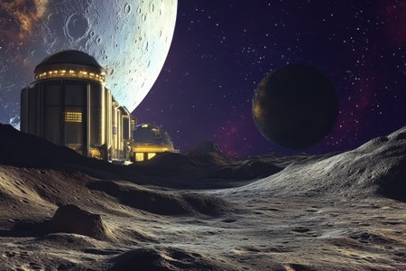 A lunar base sits on the moon's surface, illuminated under a starry sky with planets in the background.の写真素材