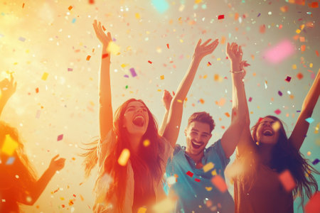 Group of friends enjoy a festive moment, laughing and dancing as colorful confetti falls around them.の写真素材