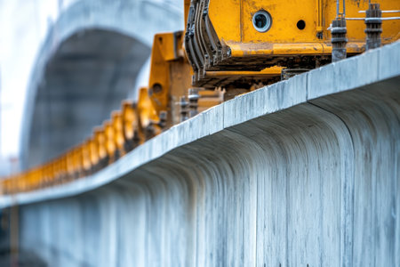 Construction equipment is positioned along a concrete structure, showing heavy machinery and engineering.の写真素材