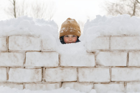 A young child with a warm hat looks out from behind a snow fort in a snowy landscape during winter.の写真素材