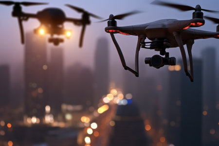 Drones navigate the city skyline during twilight, showing glowing lights and urban architecture.の写真素材