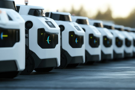 Delivery robots await their tasks in a futuristic urban setting during the evening twilight.の写真素材