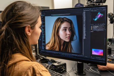 A young woman focuses on editing a portrait on her computer screen in a modern office.の写真素材