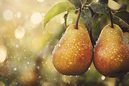 Juicy pears hang from a tree branch, sparkling with water droplets in the warm sunlight of summer.の写真素材
