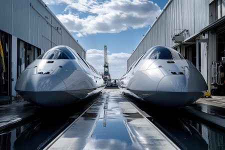 Two sleek, modern trains are showcased in a maintenance facility with reflective surfaces and clouds above.の写真素材