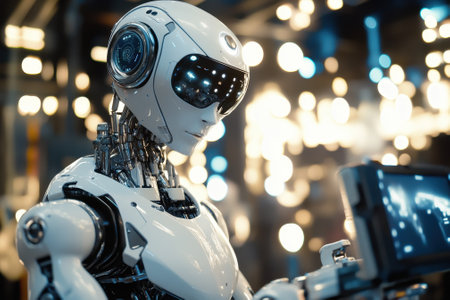 Humanoid robot engages with a touchscreen device amidst glowing lights in a modern environment.の写真素材