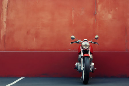 A vibrant red motorcycle rests next to a textured orange wall, highlighting its vintage design and quiet charm.の写真素材