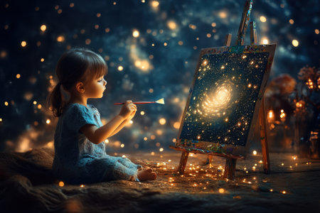 A young child creates celestial art on a canvas, surrounded by a magical, starry atmosphere.の写真素材