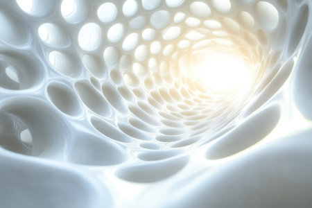 Light radiates from the end of a textured white tunnel, creating an otherworldly atmosphere and depth.の写真素材