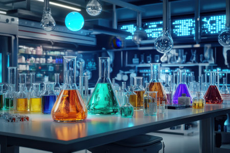 Chemical glassware in vibrant colors sits on a lab table, showing an array of scientific experiments.の写真素材