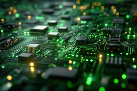 A detailed close-up of a circuit board with glowing green lights highlights intricate electronic components.の写真素材