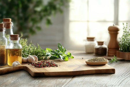 Various herbs and spices are placed on a wooden board in a sunlit kitchen, enhancing culinary creativity.の写真素材