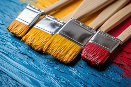 Four paintbrushes with vibrant bristles rest on a colorful, textured background of blue and red paint.の素材