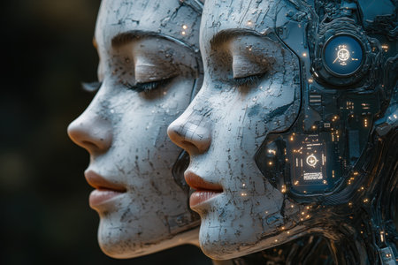 Close-up of two cyborg faces showing detailed features and glowing circuitry at twilight.の写真素材