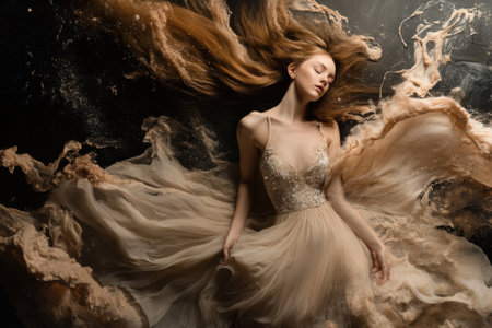 A woman in a delicate dress poses with long hair flowing around her in a creative underwater environment.の写真素材