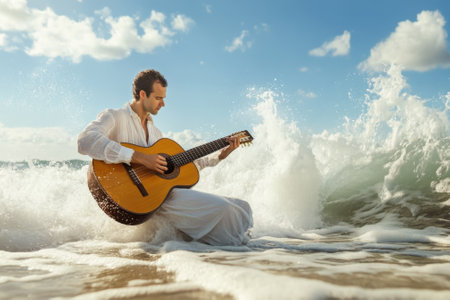 A man in white clothing sits in the water, strumming a guitar while ocean waves splash around him.の写真素材