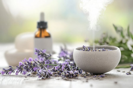 Lavender flowers surround a bowl releasing soothing steam, while an oil dropper sits nearby in a serene environment.の写真素材