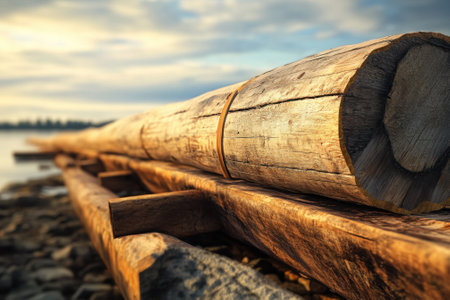 Sunset casts a warm glow over logs resting by the water's edge, highlighting their textures and colors.の写真素材