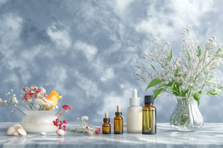 Delicate essential oil bottles and herbal flowers are artfully arranged on marble, creating a serene vibe.の写真素材