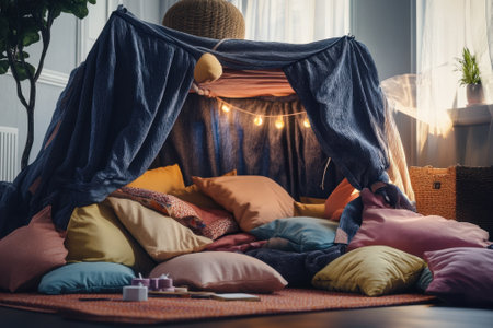 Children create a comfortable play area using cushions and blankets, illuminated by soft fairy lights.の写真素材