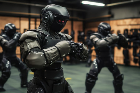 Robotic soldiers engage in training exercises within a modern military facility focused on combat readiness.の写真素材