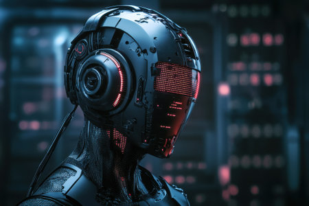A sleek robotic head with glowing red lights is showcased in a dark, technologically advanced setting.の写真素材