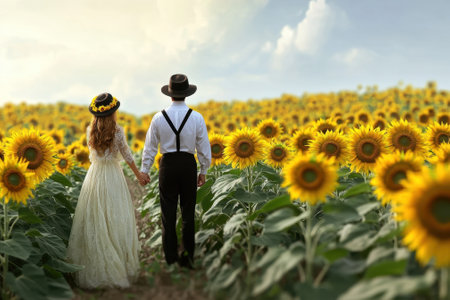 A couple strolls together amidst vibrant sunflowers, enjoying a peaceful moment at sunset.の写真素材