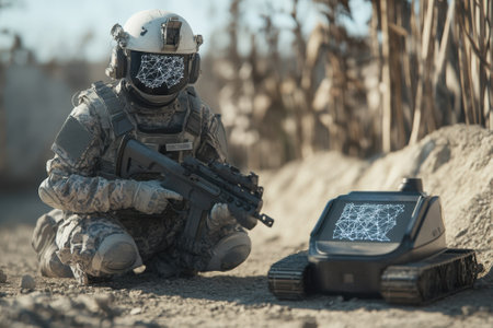 A military personnel crouches next to a robotic vehicle in a sandy terrain, showing advanced technology.の写真素材