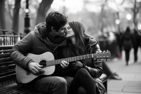 A young couple enjoys an intimate moment, playing guitar and sharing a kiss in a serene park setting.の写真素材
