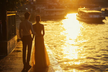 A couple enjoys a romantic walk by the riverside at sunset, surrounded by shimmering water reflections.の写真素材