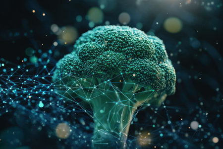 Broccoli stands out with glowing connections and a dark background, showing a blend of nature and technology.の写真素材