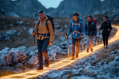Adventurous individuals enjoy a twilight hike along a glowing path through rugged mountain terrain.の写真素材