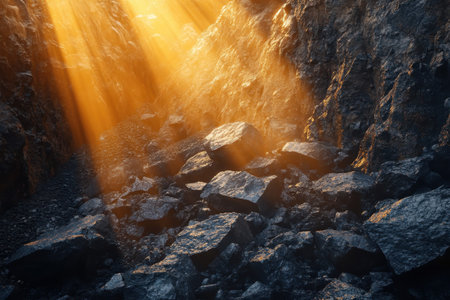 Soft golden light streams down into a rocky crevice, illuminating dark stones and creating a tranquil atmosphere.の写真素材