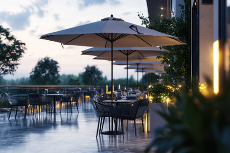 A tranquil outdoor dining space features elegant umbrellas and cozy seating, set against a twilight backdrop.の写真素材